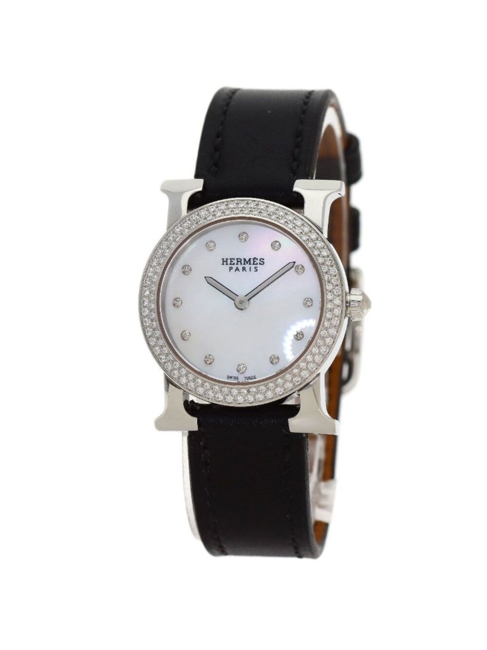 Hermes H Watch Ronde Bezel Diamond SS Leather
